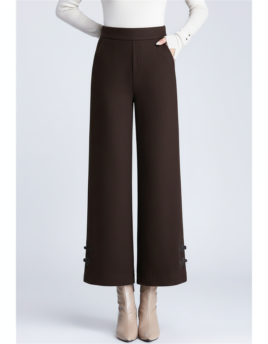 Pantalon Chinois Marron Ample Taille Haute Brodé - Gabardine