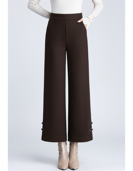Pantalon Chinois Marron Ample Taille Haute Brodé - Gabardine