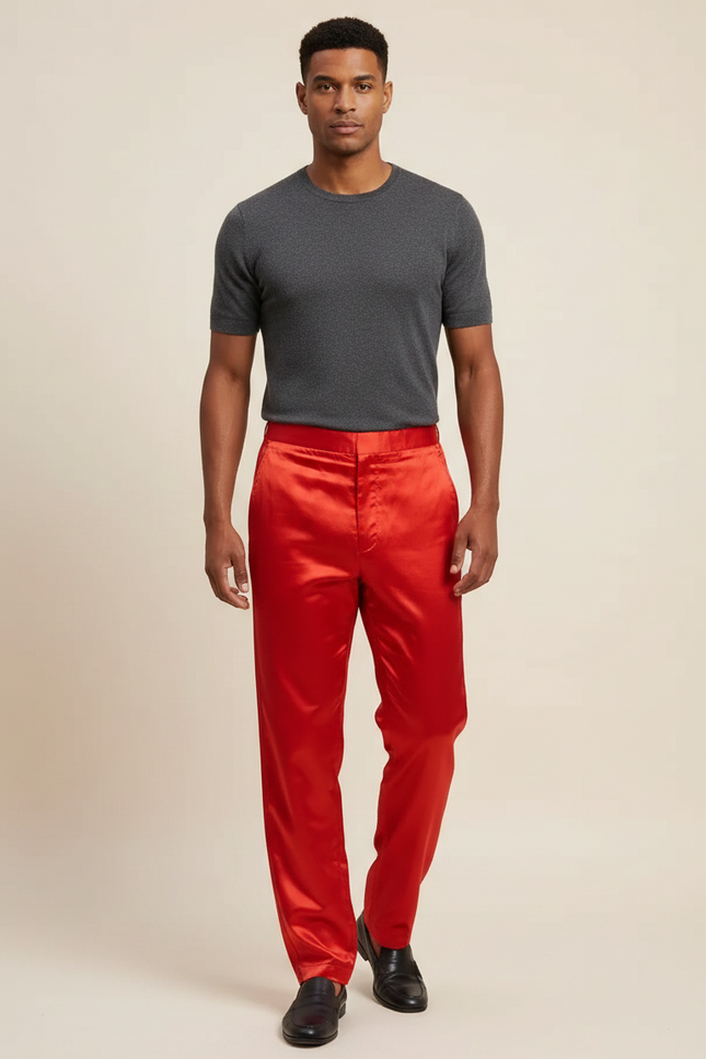 Pantalon Chinois Rouge Satin Fluide Homme Élégant