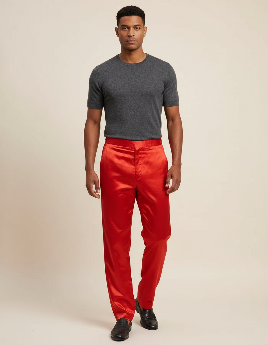 Pantalon Chinois Rouge Satin Fluide Homme Élégant