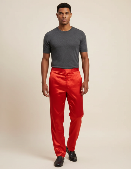 Pantalon Chinois Rouge Satin Fluide Homme Élégant