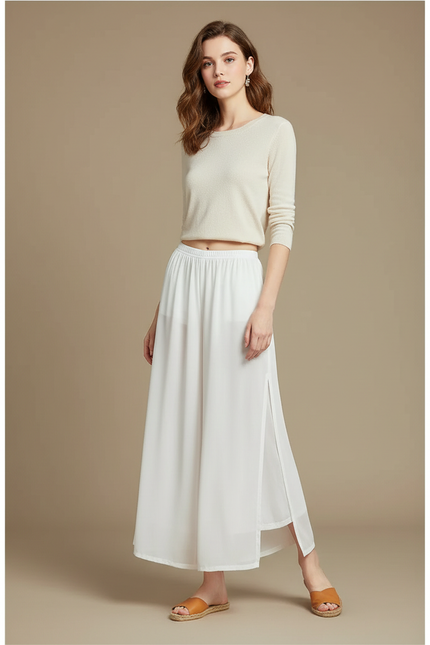 Pantalon Chinois Blanc Fluide Ample Fendu Élégant - Polyester