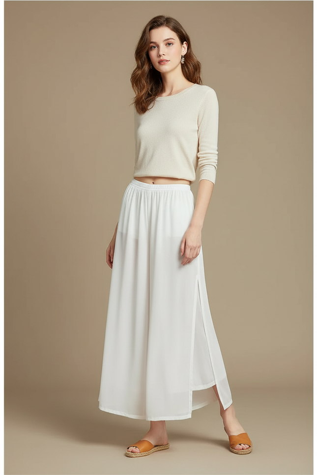 Pantalon Chinois Blanc Fluide Ample Fendu Élégant - Polyester