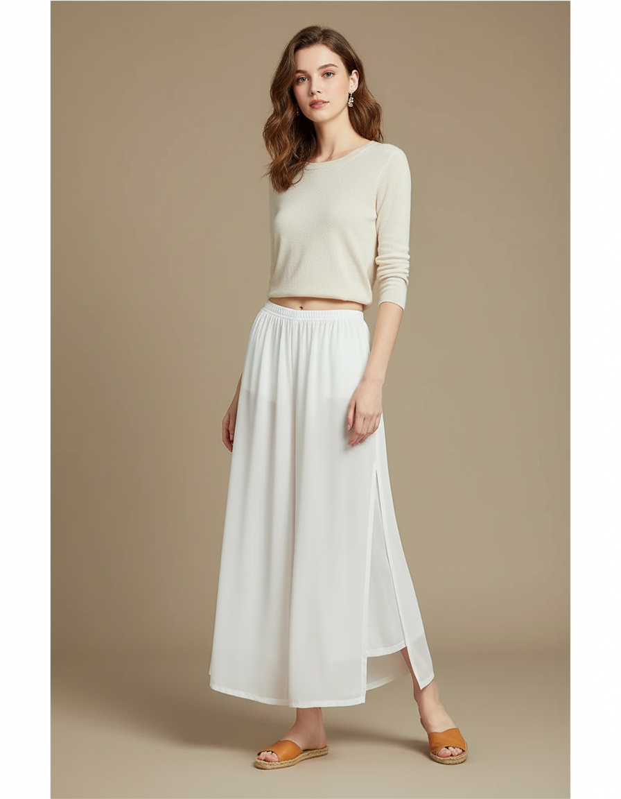 Pantalon Chinois Blanc Fluide Ample Fendu Élégant - Polyester