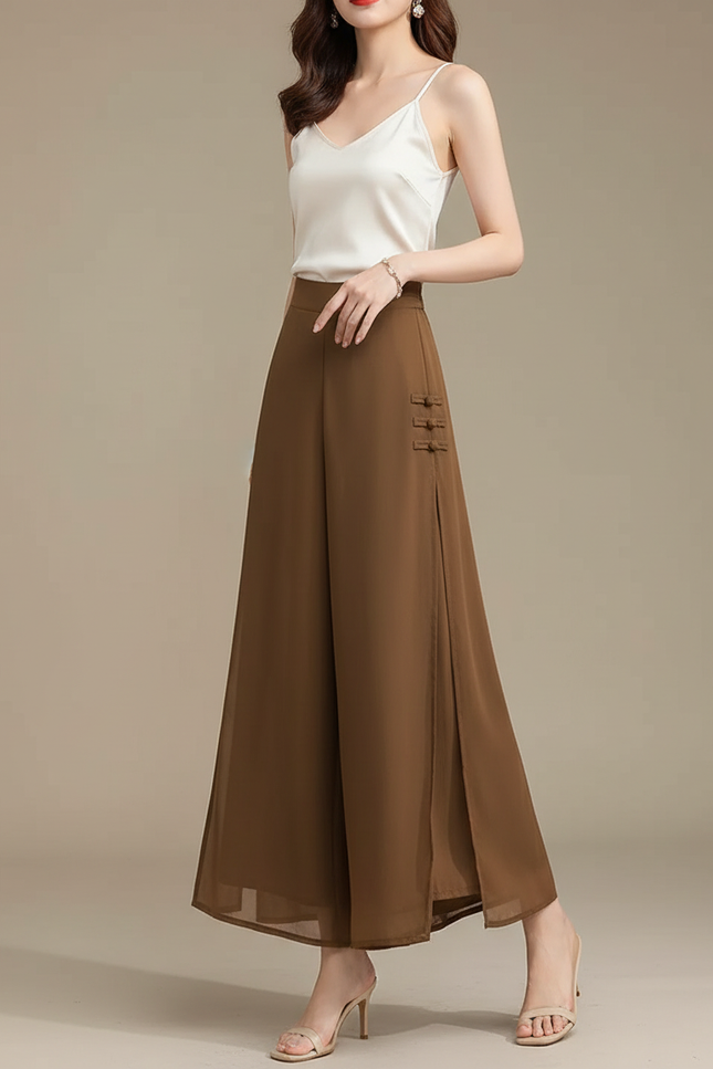 Pantalon Chinois Fluide Marron Chiffon Fendu Élégant - Polyester