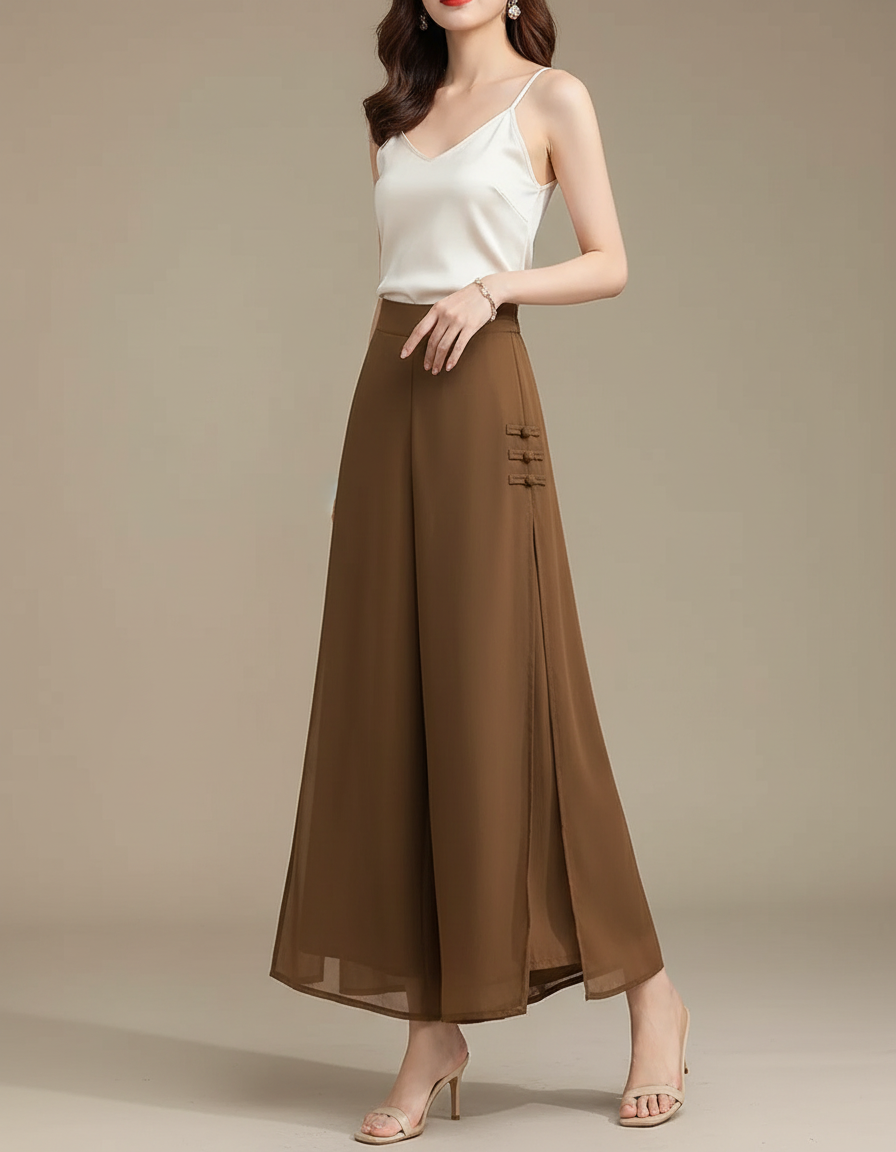 Pantalon Chinois Fluide Marron Chiffon Fendu Élégant - Polyester