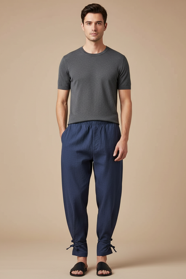 Pantalon Chinois Bleu Marine Lin Ample Liens Cheville