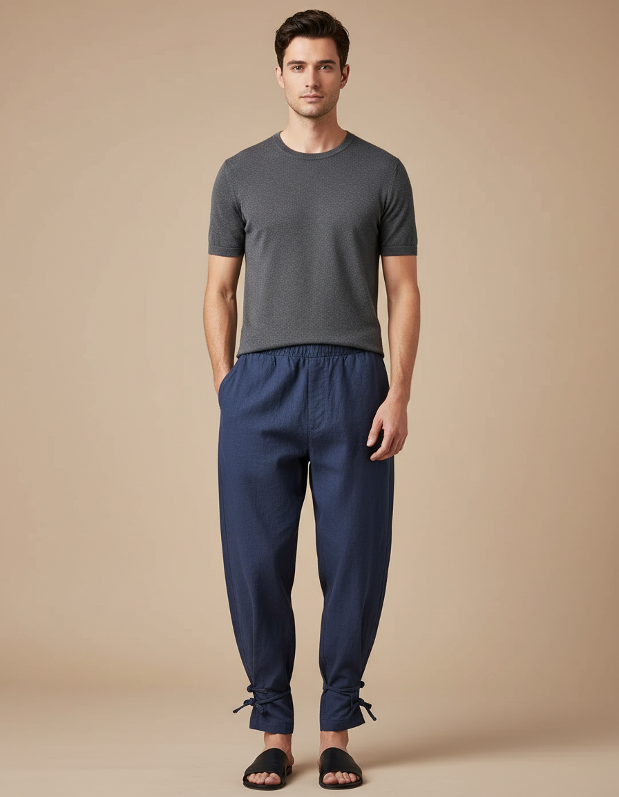 Pantalon Chinois Bleu Marine Lin Ample Liens Cheville