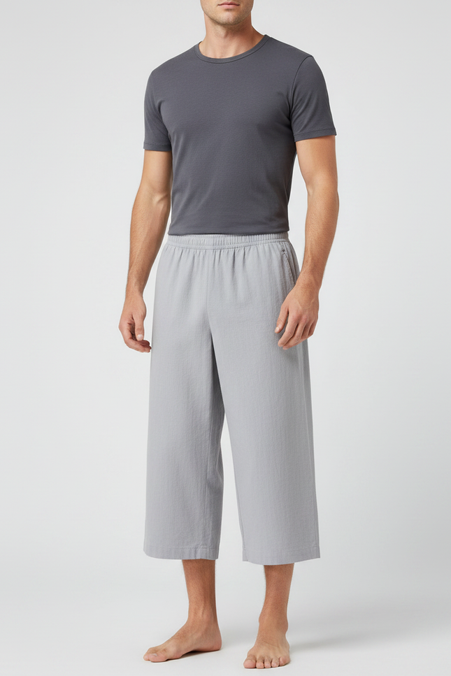 Pantalon Chinois Gris Clair Ample Coton Court Homme