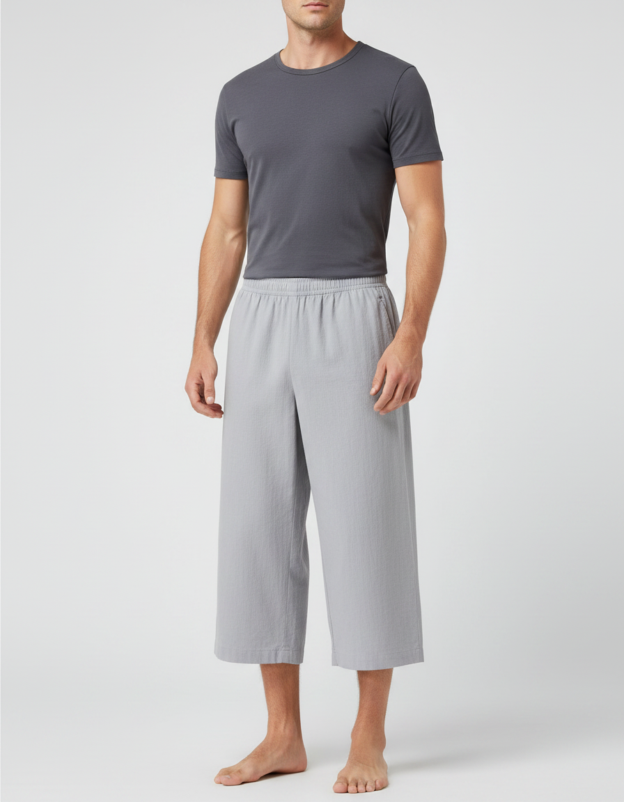 Pantalon Chinois Gris Clair Ample Coton Court Homme