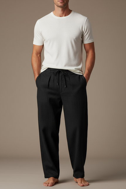 Pantalon Chinois Homme Noir Ample - Lin