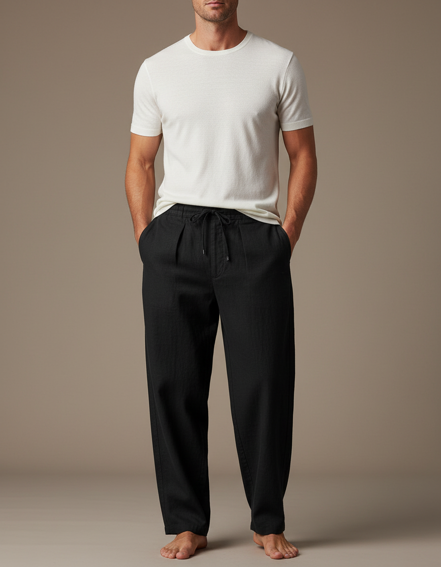 Pantalon Chinois Homme Noir Ample - Lin