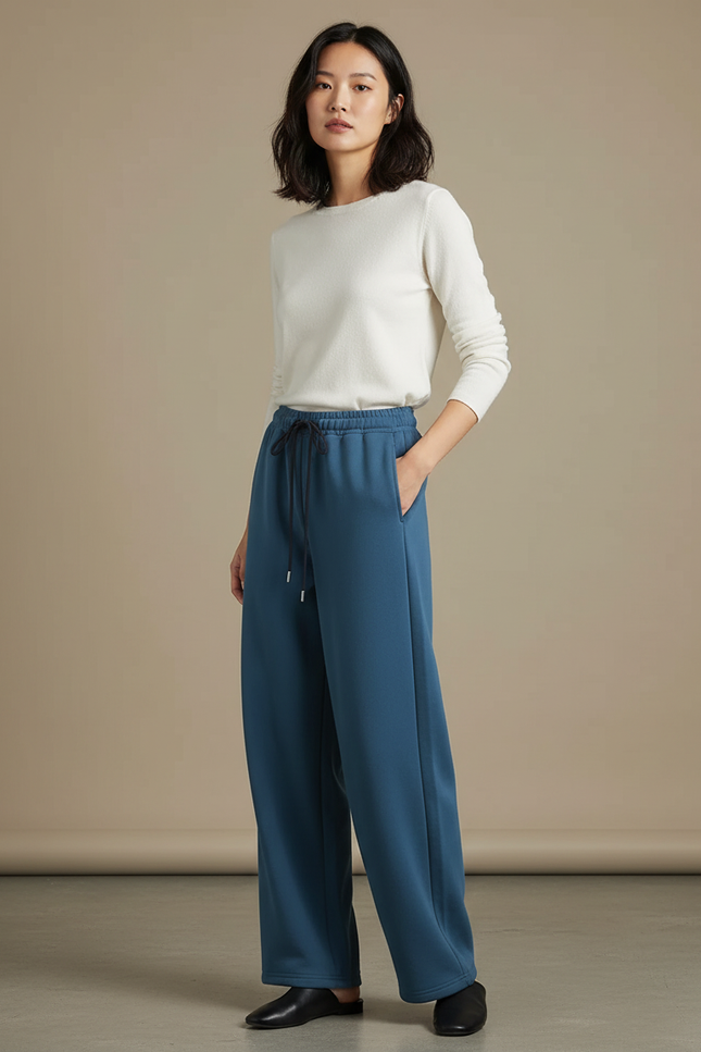 Pantalon Chinois Bleu Ample Fluide Décontracté Femme - Molleton