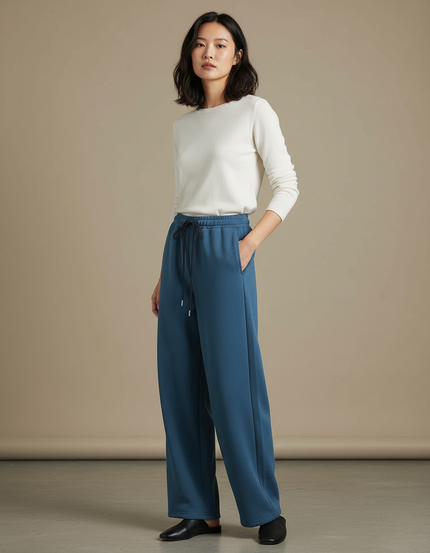 Pantalon Chinois Bleu Ample Fluide Décontracté Femme - Molleton