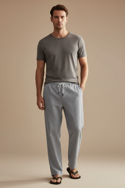 Pantalon Chinois Gris Lin Droit Décontracté Cordon