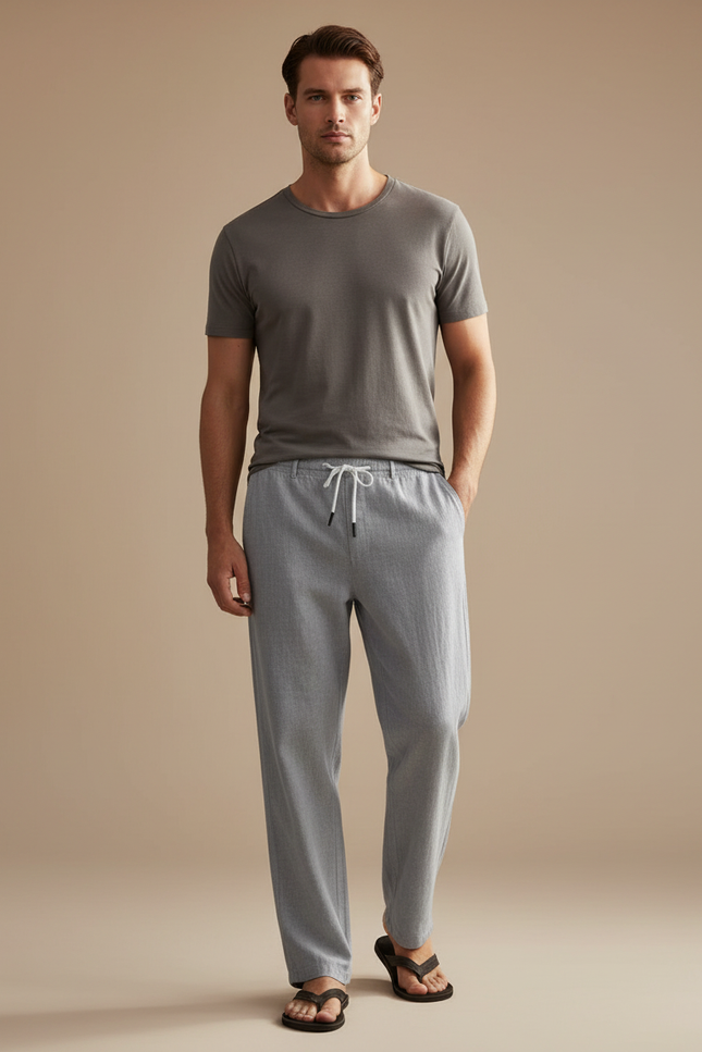 Pantalon Chinois Gris Lin Droit Décontracté Cordon