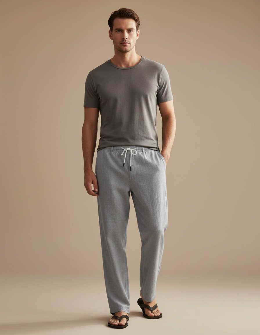 Pantalon Chinois Gris Lin Droit Décontracté Cordon