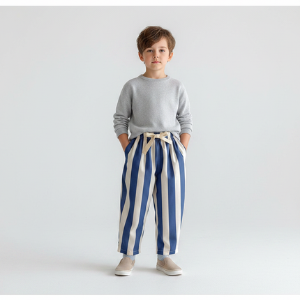 Pantalon Chinois Rayé Bleu Ample Coton Enfant Garçon - Marine