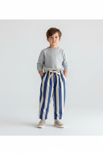 Pantalon Chinois Rayé Bleu Ample Coton Enfant Garçon - Marine