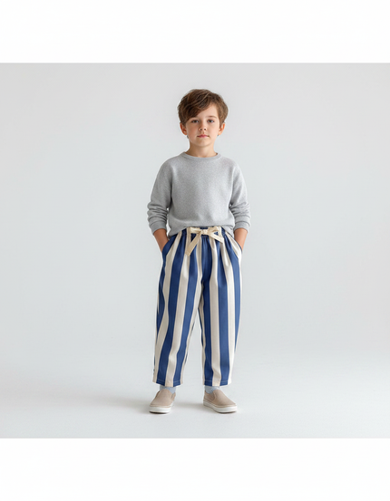 Pantalon Chinois Rayé Bleu Ample Coton Enfant Garçon - Marine