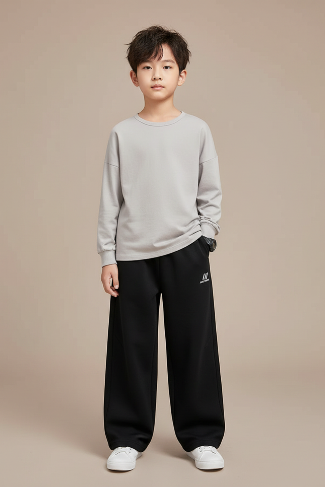 Pantalon Chinois Noir Ample Coton Sport Garçon - Molleton