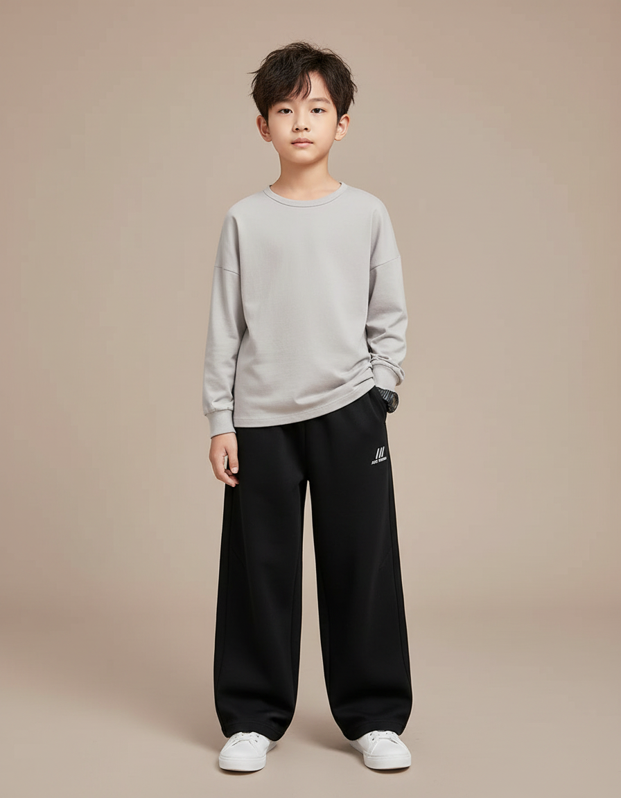 Pantalon Chinois Noir Ample Coton Sport Garçon - Molleton