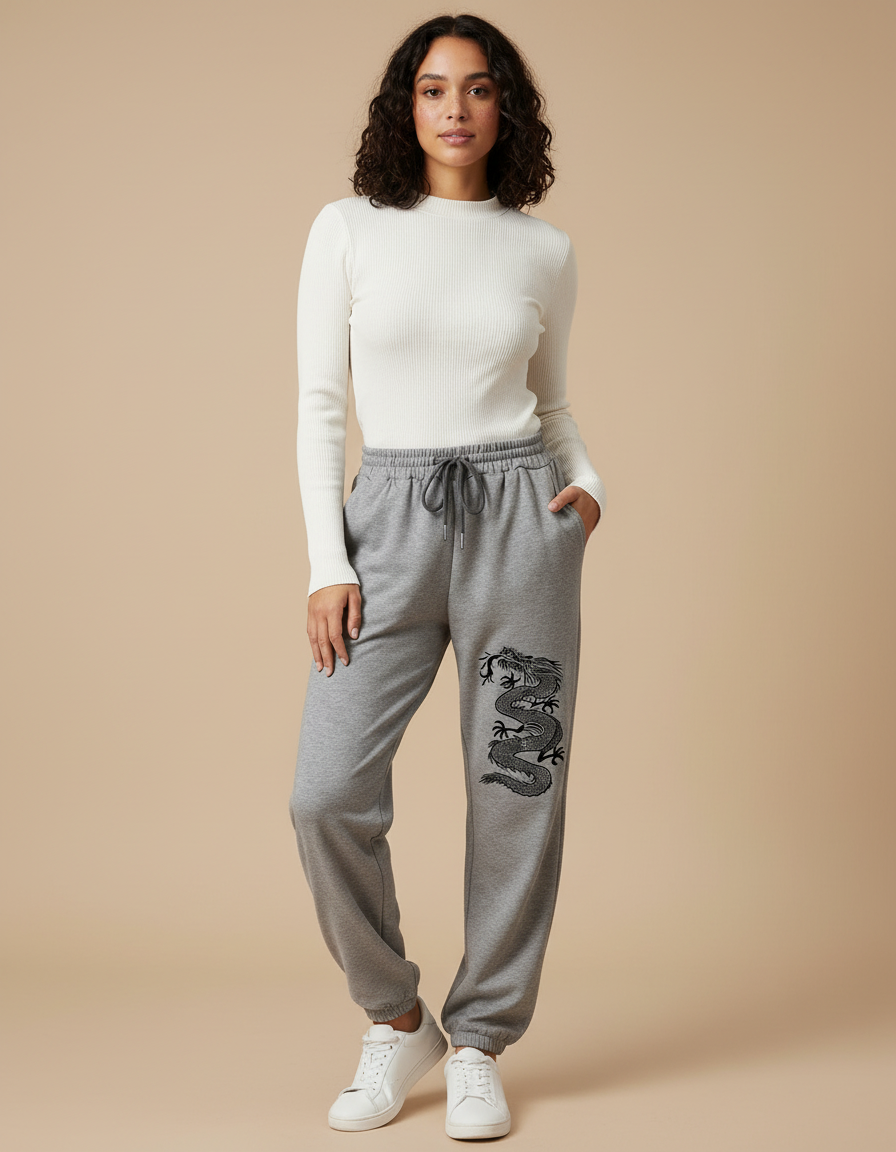 Pantalon Chinois Gris Dragon Jogger Décontracté Cordon - Molleton