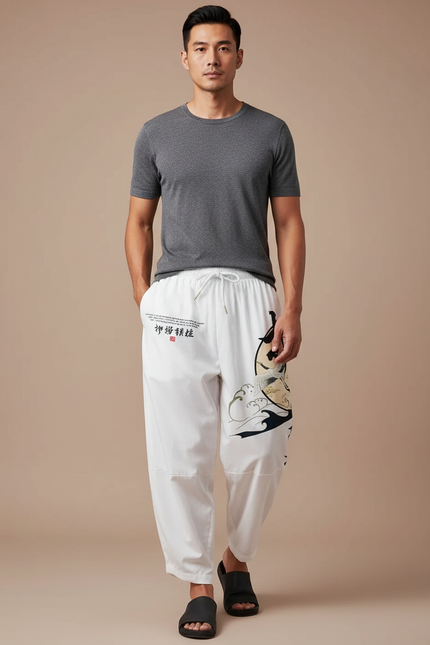 Pantalon Chinois Blanc Harem Carpe Vagues Calligraphie - Coton