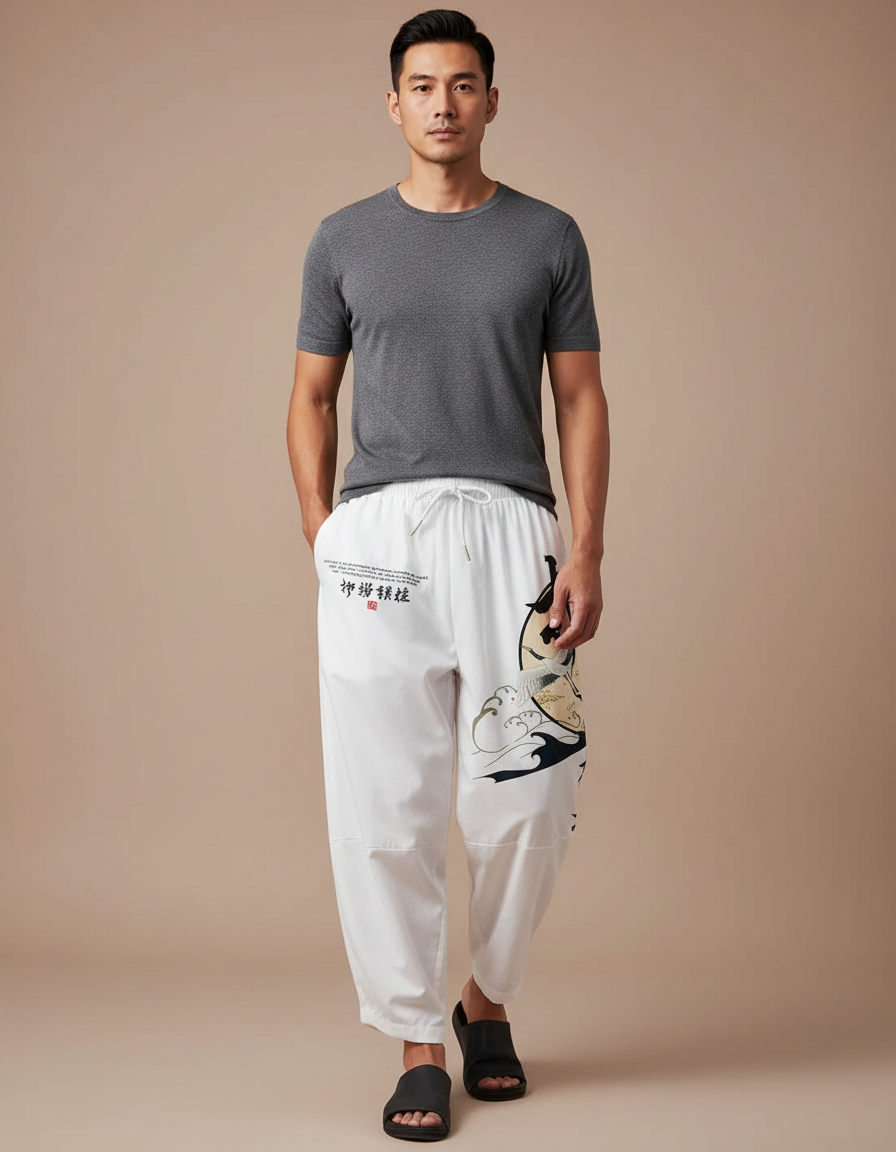 Pantalon Chinois Blanc Harem Carpe Vagues Calligraphie - Coton