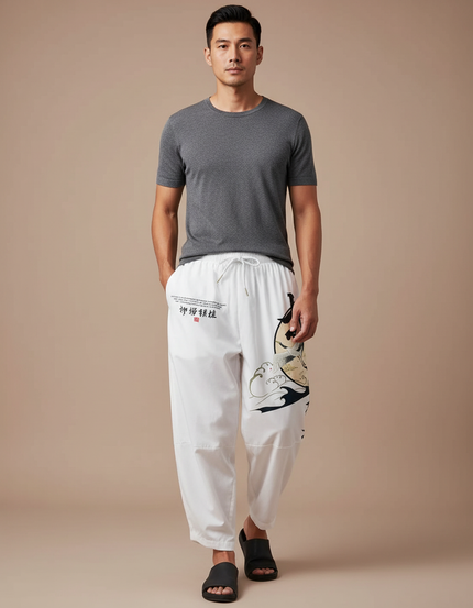 Pantalon Chinois Blanc Harem Carpe Vagues Calligraphie - Coton