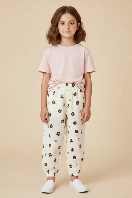 Pantalon Chinois Mousseline Écru Imprimé Ours Enfant - Coton