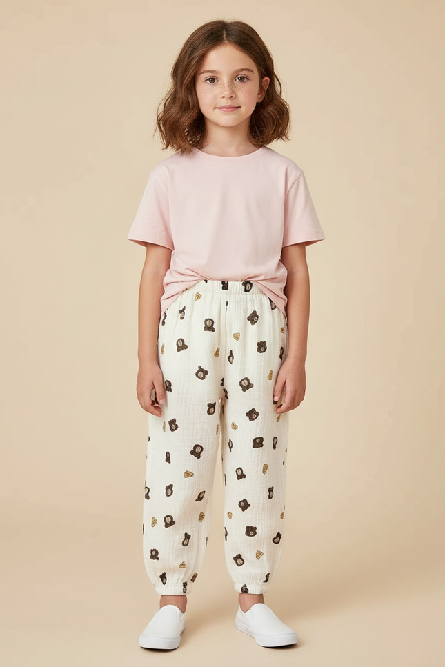 Pantalon Chinois Mousseline Écru Imprimé Ours Enfant - Coton