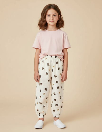 Pantalon Chinois Mousseline Écru Imprimé Ours Enfant - Coton