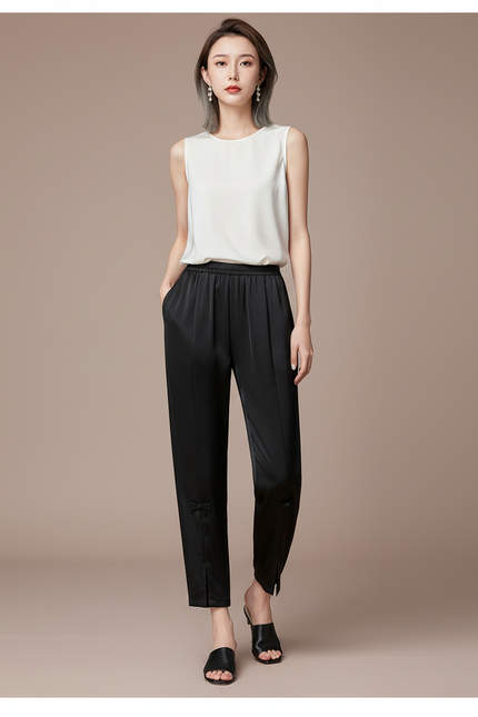 Pantalon Chinois Noir Satiné Ample Nœuds Femme