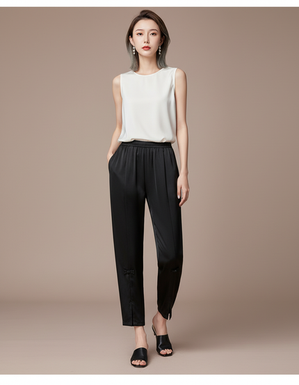 Pantalon Chinois Noir Satiné Ample Nœuds Femme