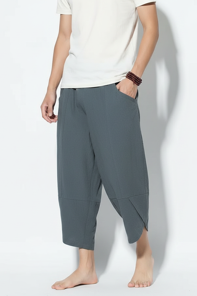 Pantalon Chinois Harem Coton Lin Homme Ample - Vert