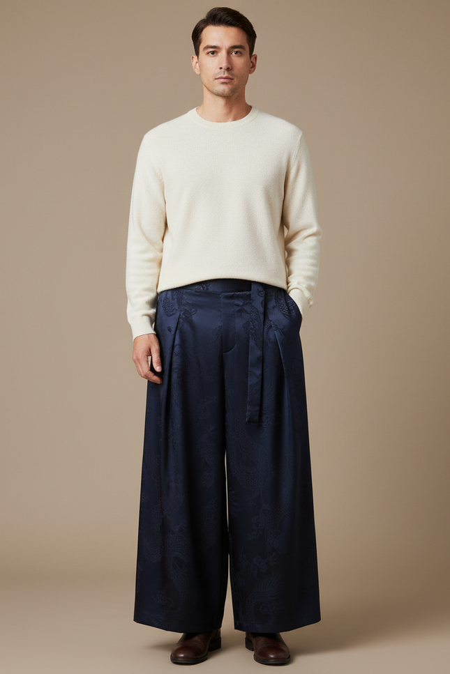 Pantalon Chinois Bleu Marine Ample Jacquard Dragon Soie