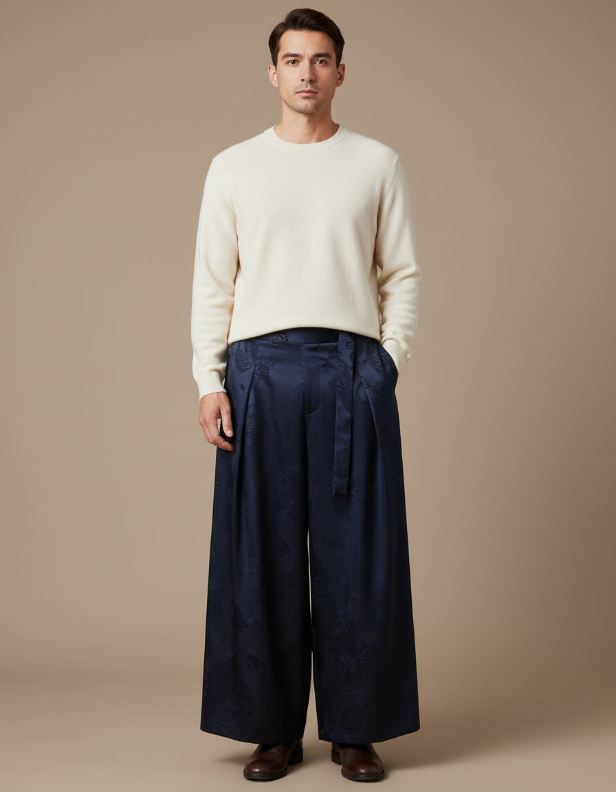 Pantalon Chinois Bleu Marine Ample Jacquard Dragon Soie