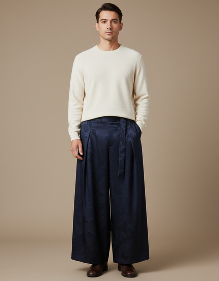 Pantalon Chinois Bleu Marine Ample Jacquard Dragon Soie