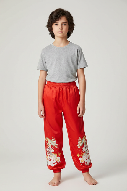 Pantalon Chinois Rouge Ample Dragon Brodé Enfant - Satin