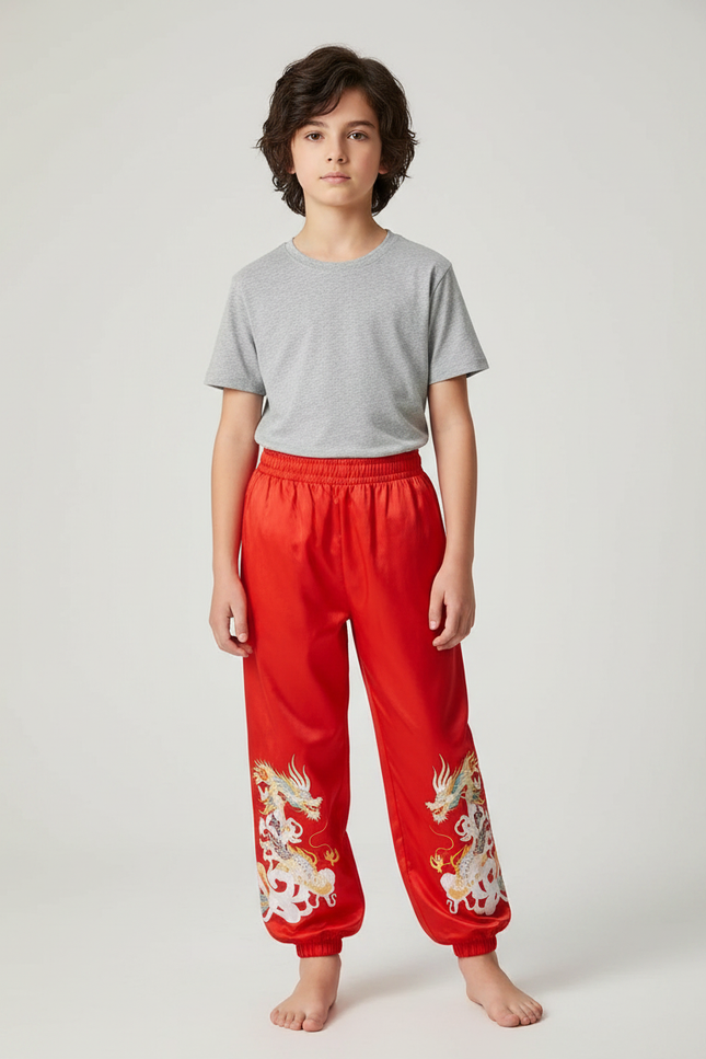 Pantalon Chinois Rouge Ample Dragon Brodé Enfant - Satin