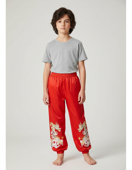 Pantalon Chinois Rouge Ample Dragon Brodé Enfant - Satin