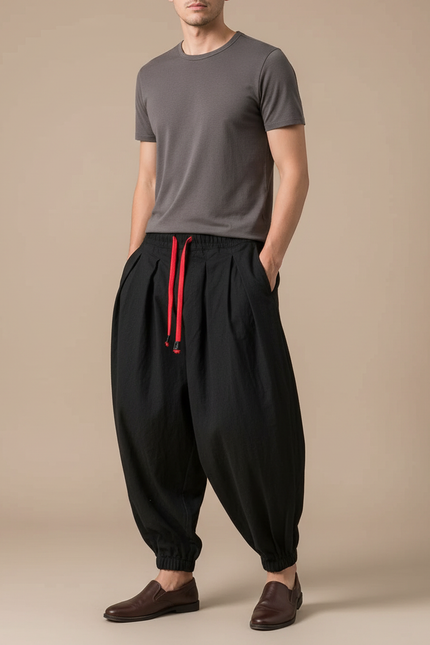 Pantalon Chinois Noir Ample Cordon Rouge Homme - Lin
