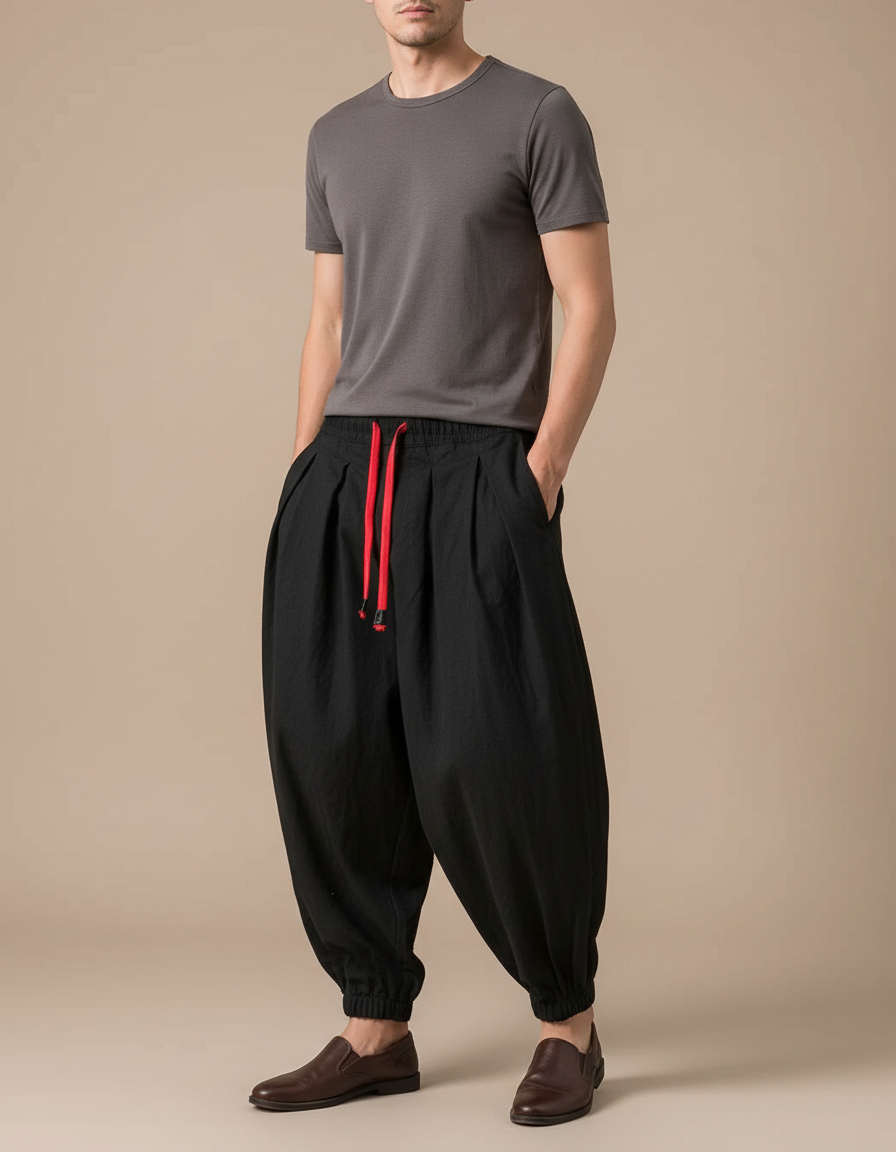 Pantalon Chinois Noir Ample Cordon Rouge Homme - Lin