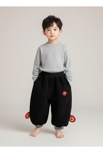 Pantalon Chinois Noir Polaire Ample Enfant Hiver - Molleton
