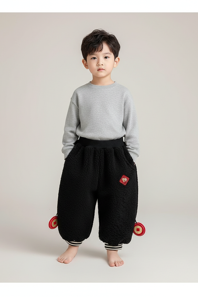 Pantalon Chinois Noir Polaire Ample Enfant Hiver - Molleton