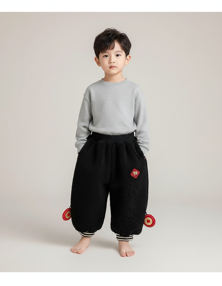 Pantalon Chinois Noir Polaire Ample Enfant Hiver - Molleton