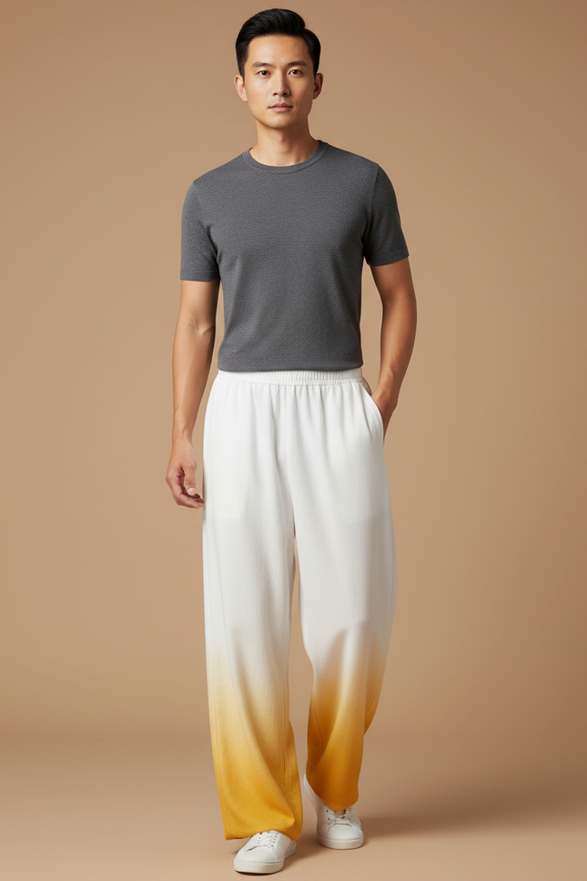 Pantalon Chinois Blanc Dégradé Jaune Ample Léger - Multicolore Maille