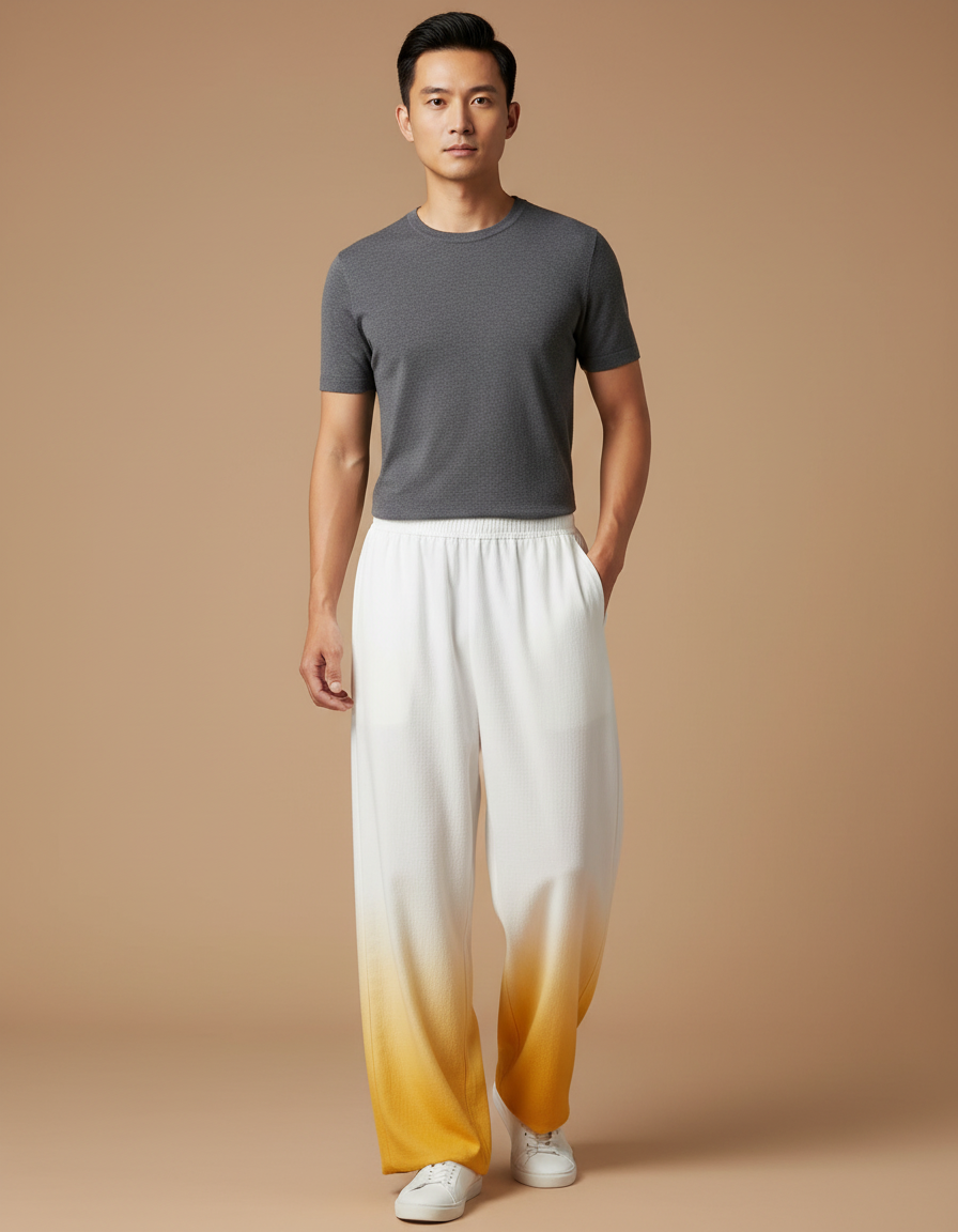 Pantalon Chinois Blanc Dégradé Jaune Ample Léger - Multicolore Maille