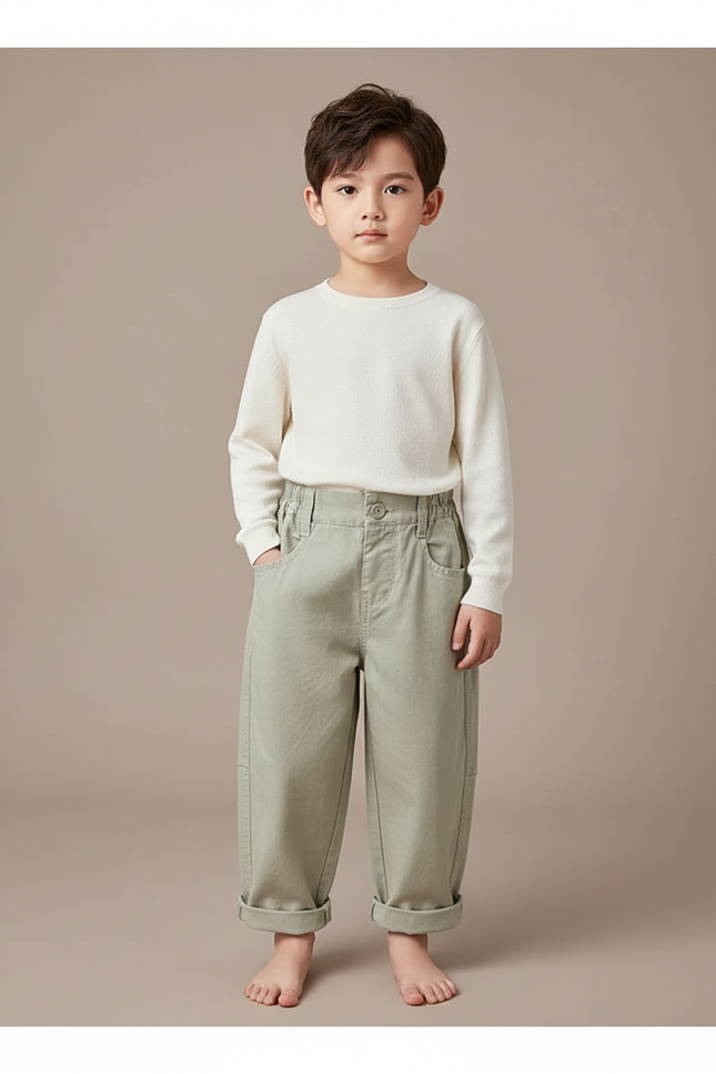 Pantalon Chinois Vert Ample Coton Enfant Casual - Kaki